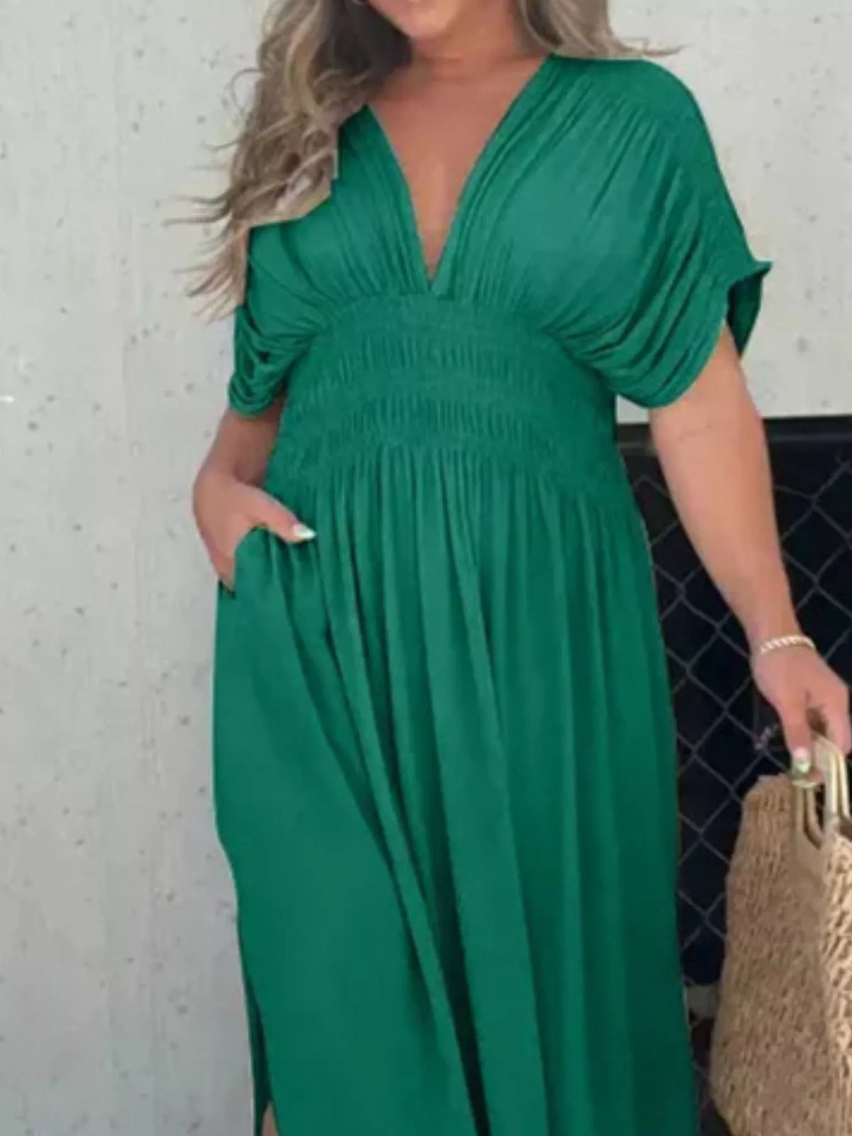 Smocked Waist V-Neck Slit Maxi Dress