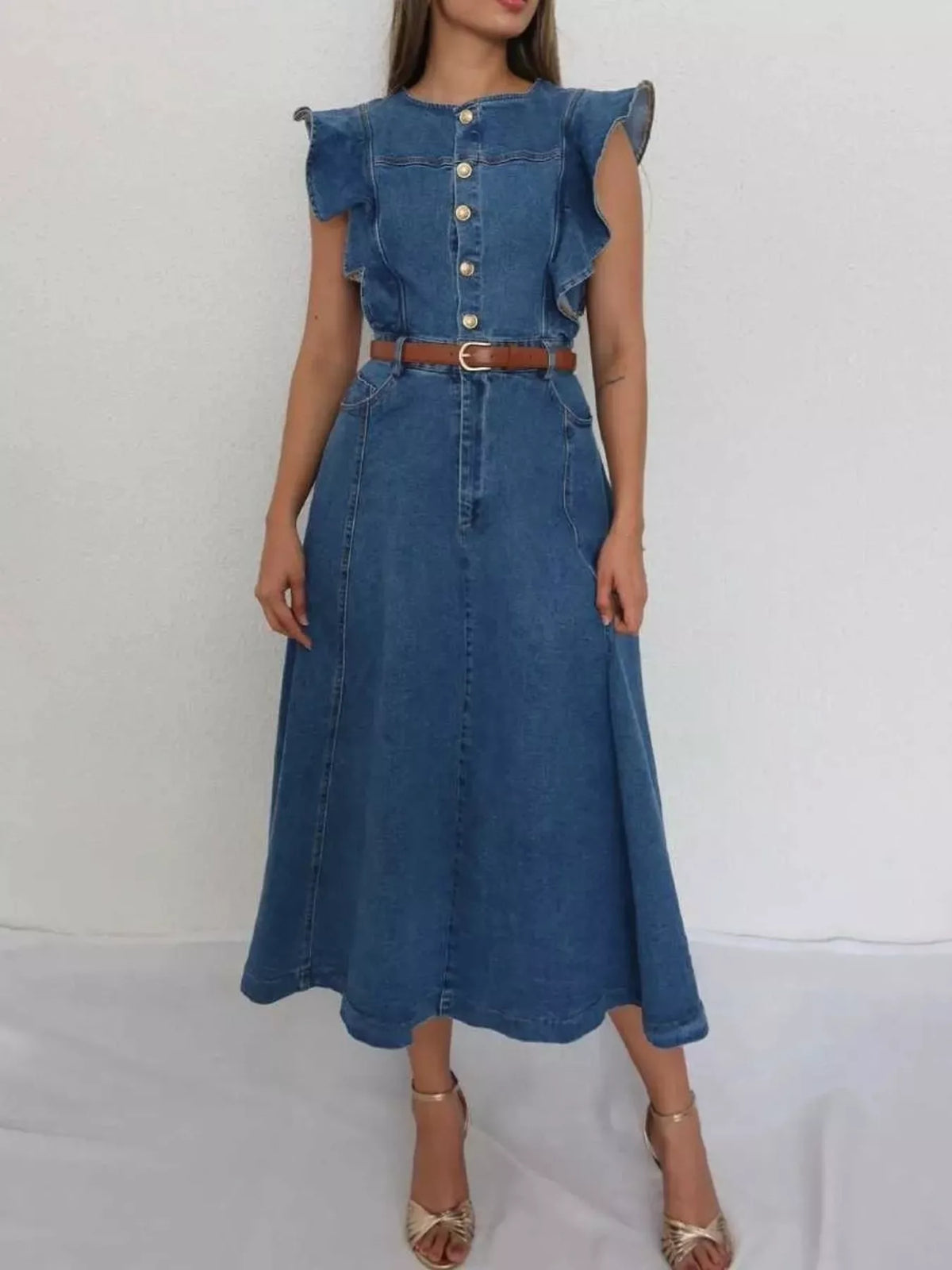 Ruffled Button-Front Denim Dress in Blue