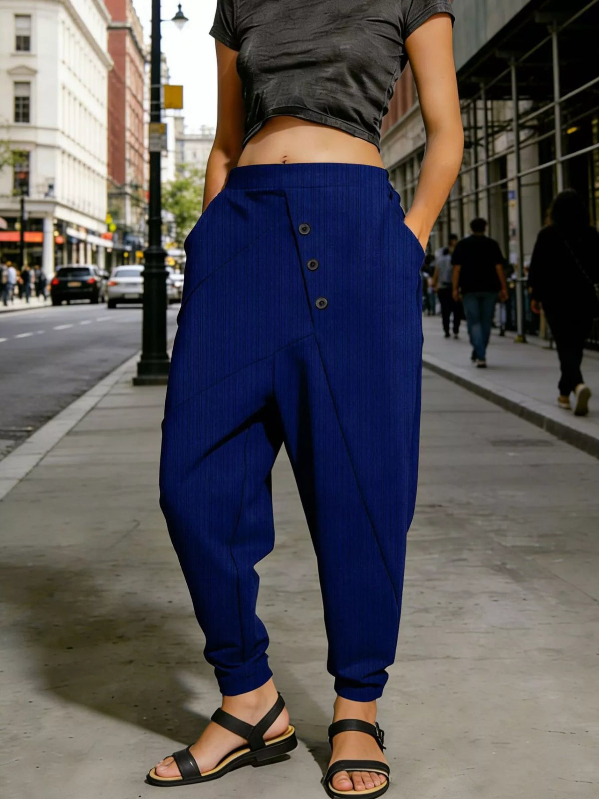 Plus Size Harem Pants with Decorative Buttons