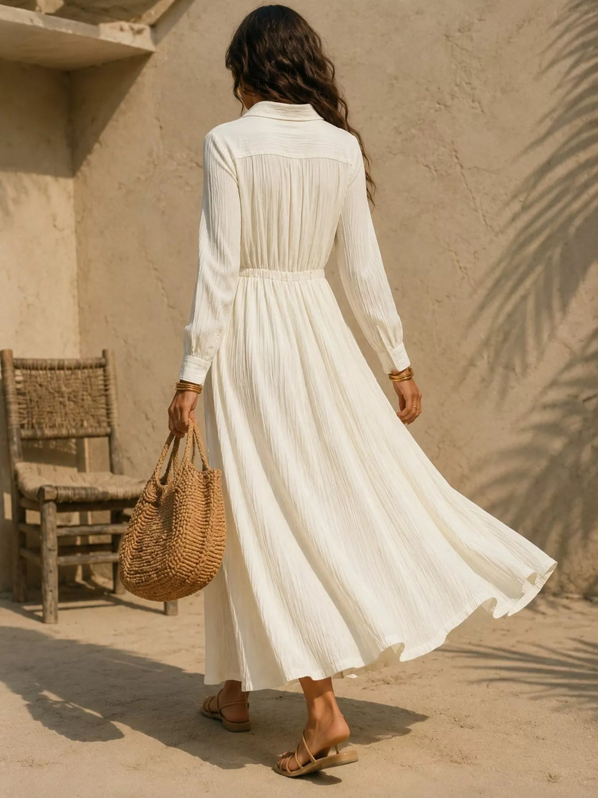 Textured Button Front Long Sleeve Maxi Dress