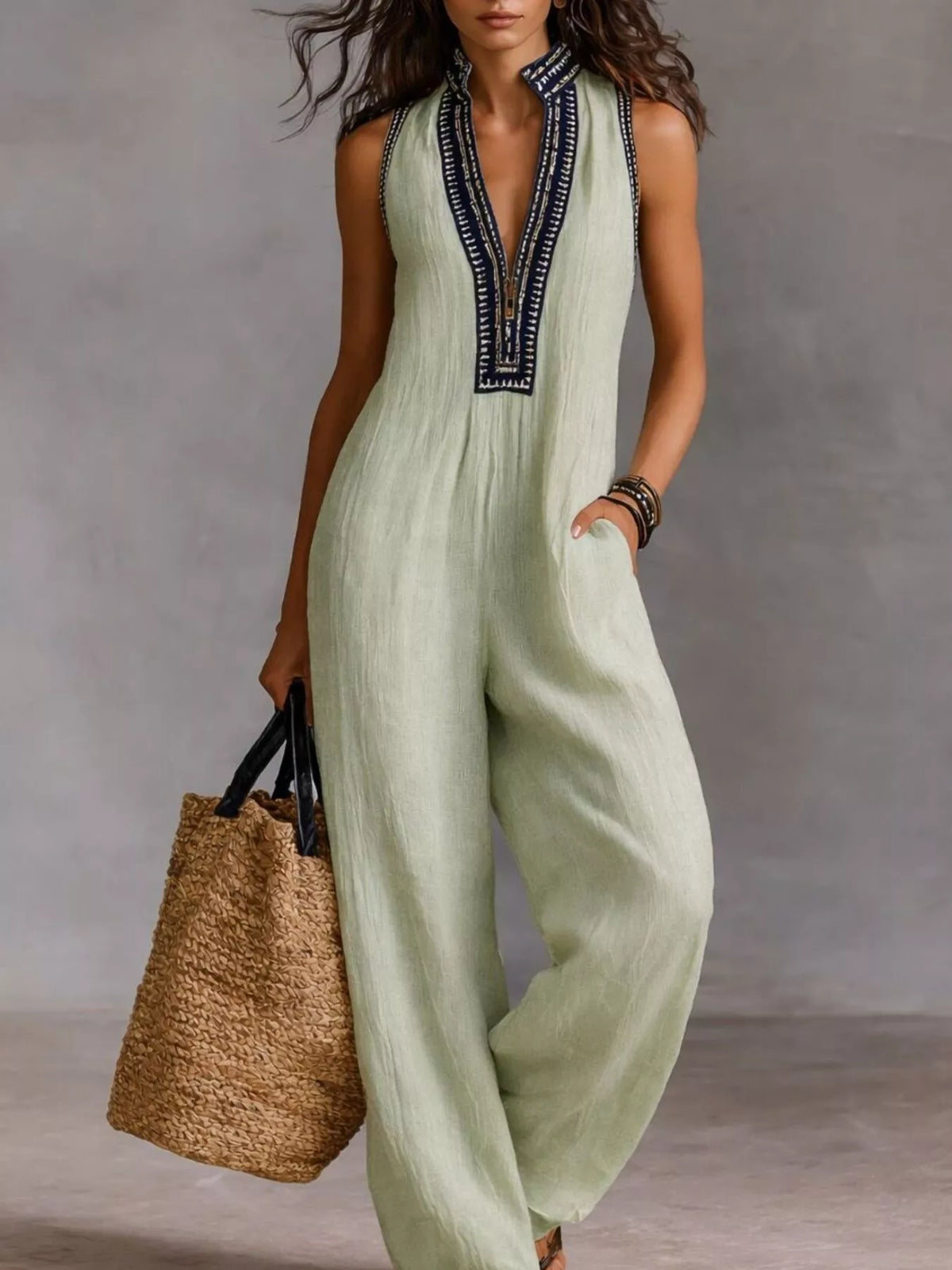 Embroidered Sleeveless Wide Leg Jumpsuit