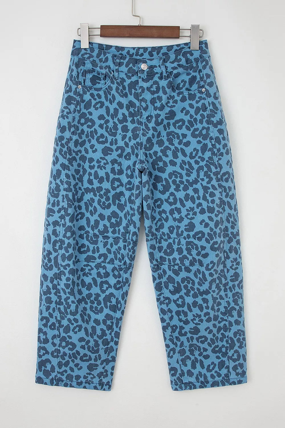 Leopard Print Barrel Leg Jeans in Cerulean