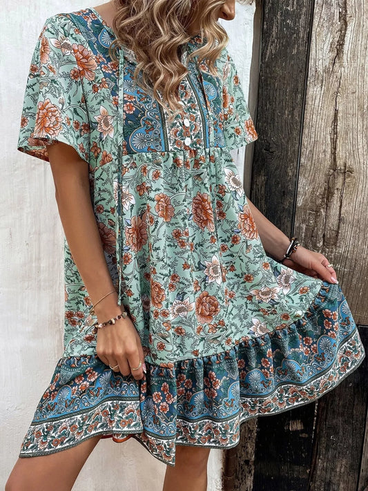 Floral Print Tie-Neck Ruffle Hem Mini Dress