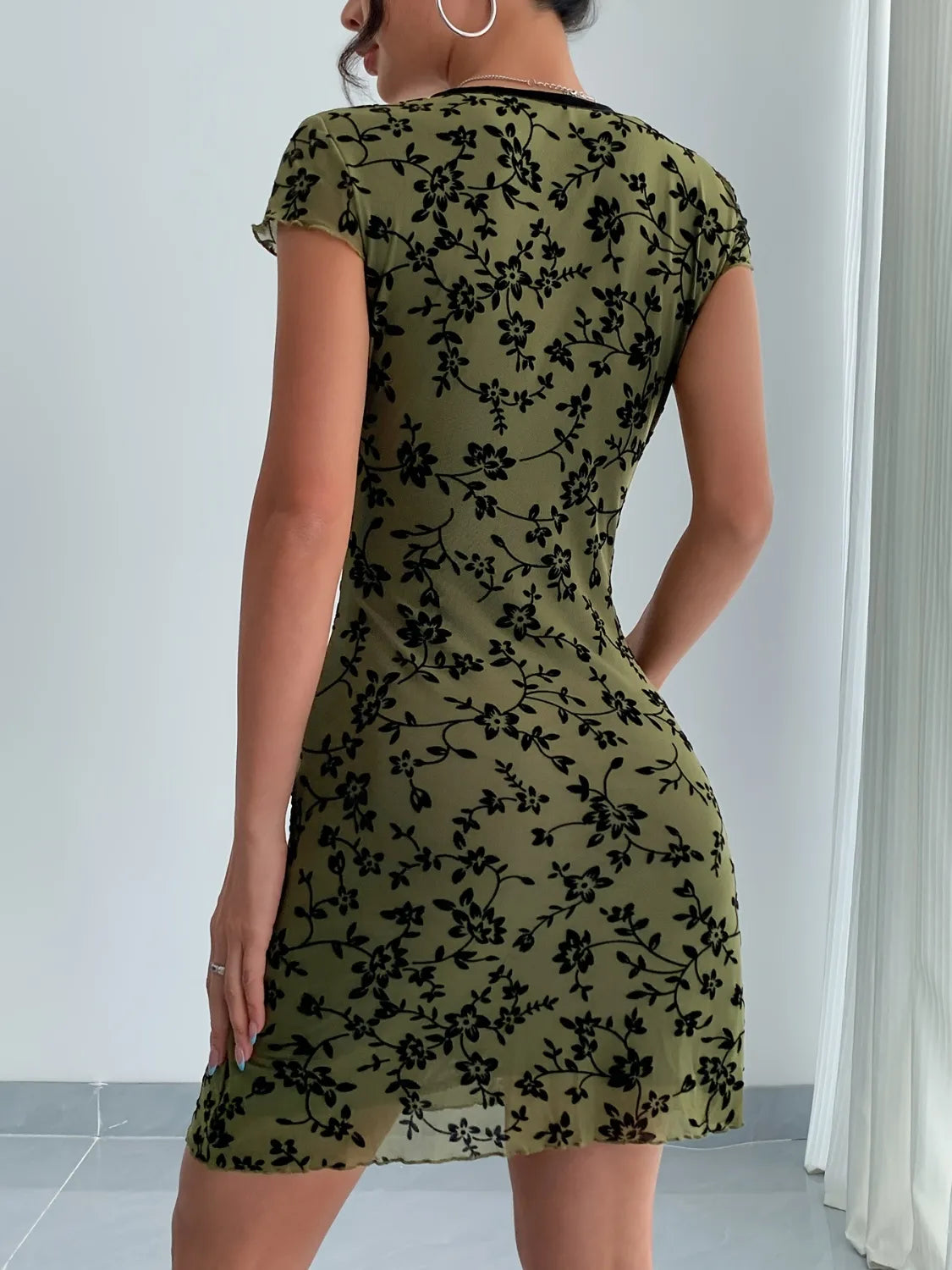 Printed V-Neck Mini Dress in Moss