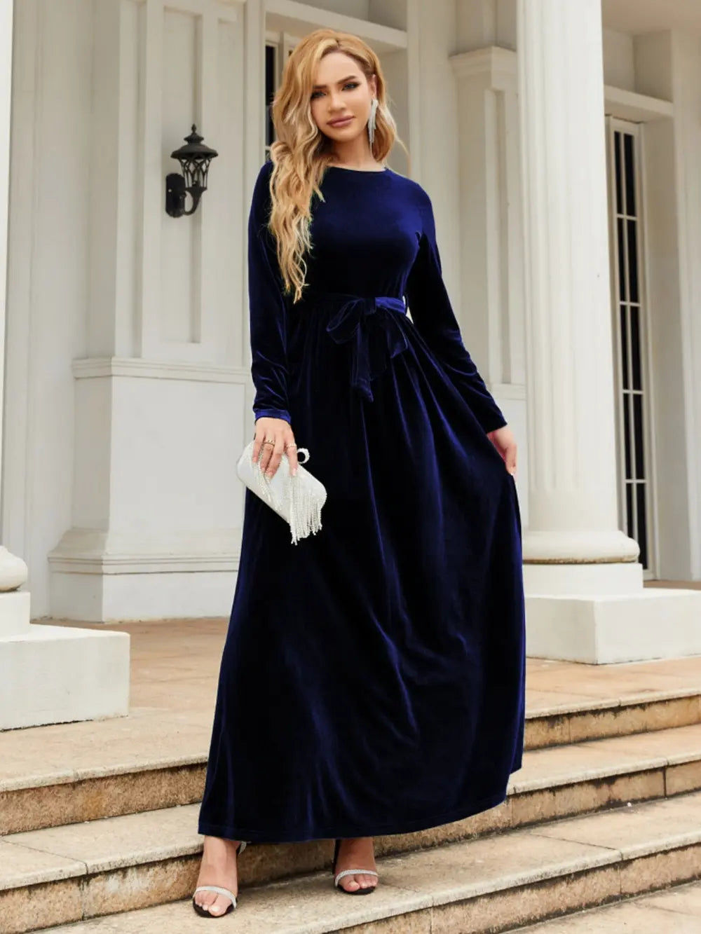 Tie-Front Round-Neck Long-Sleeve Maxi Dress