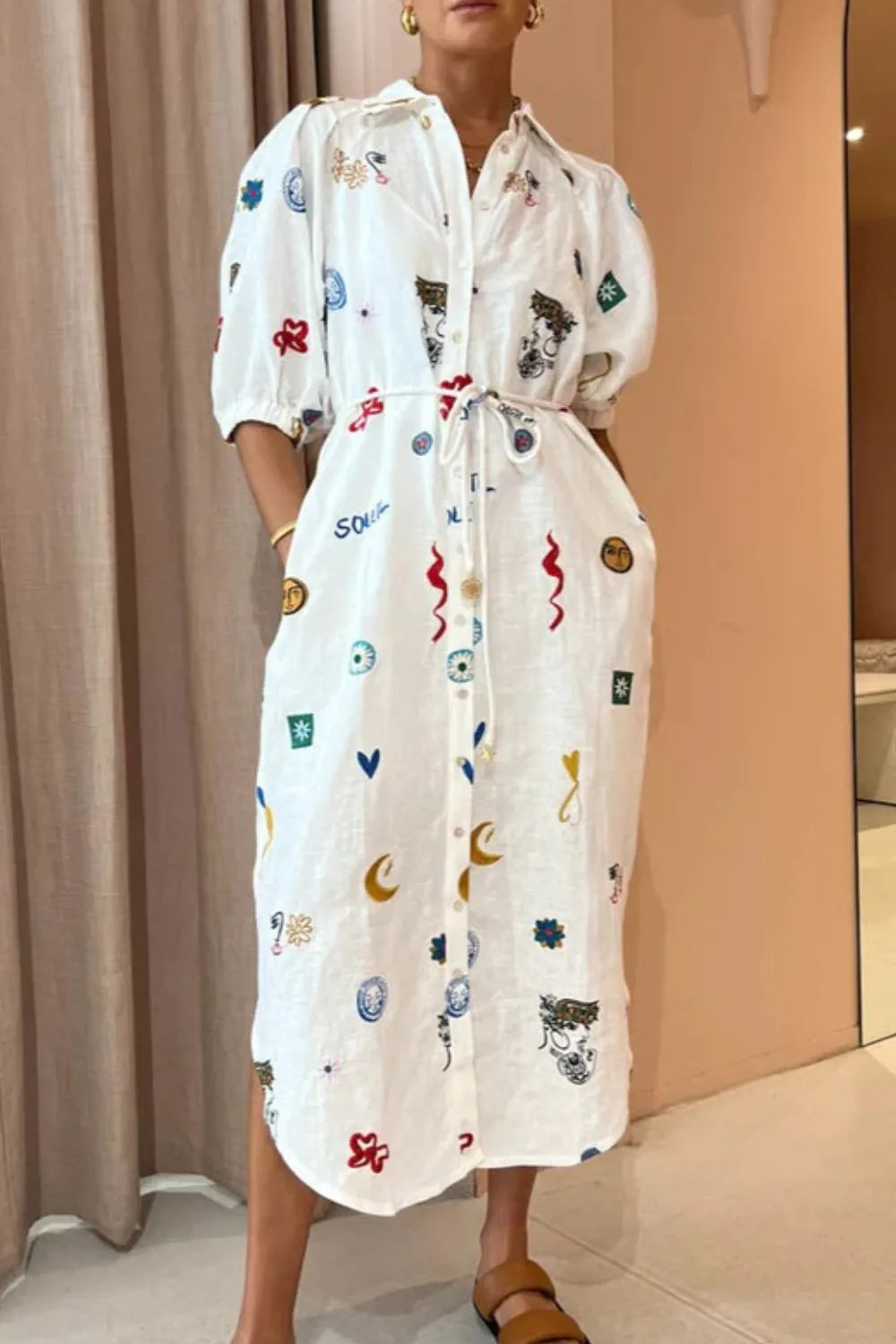 Button-Up Midi Shirt Dress in White