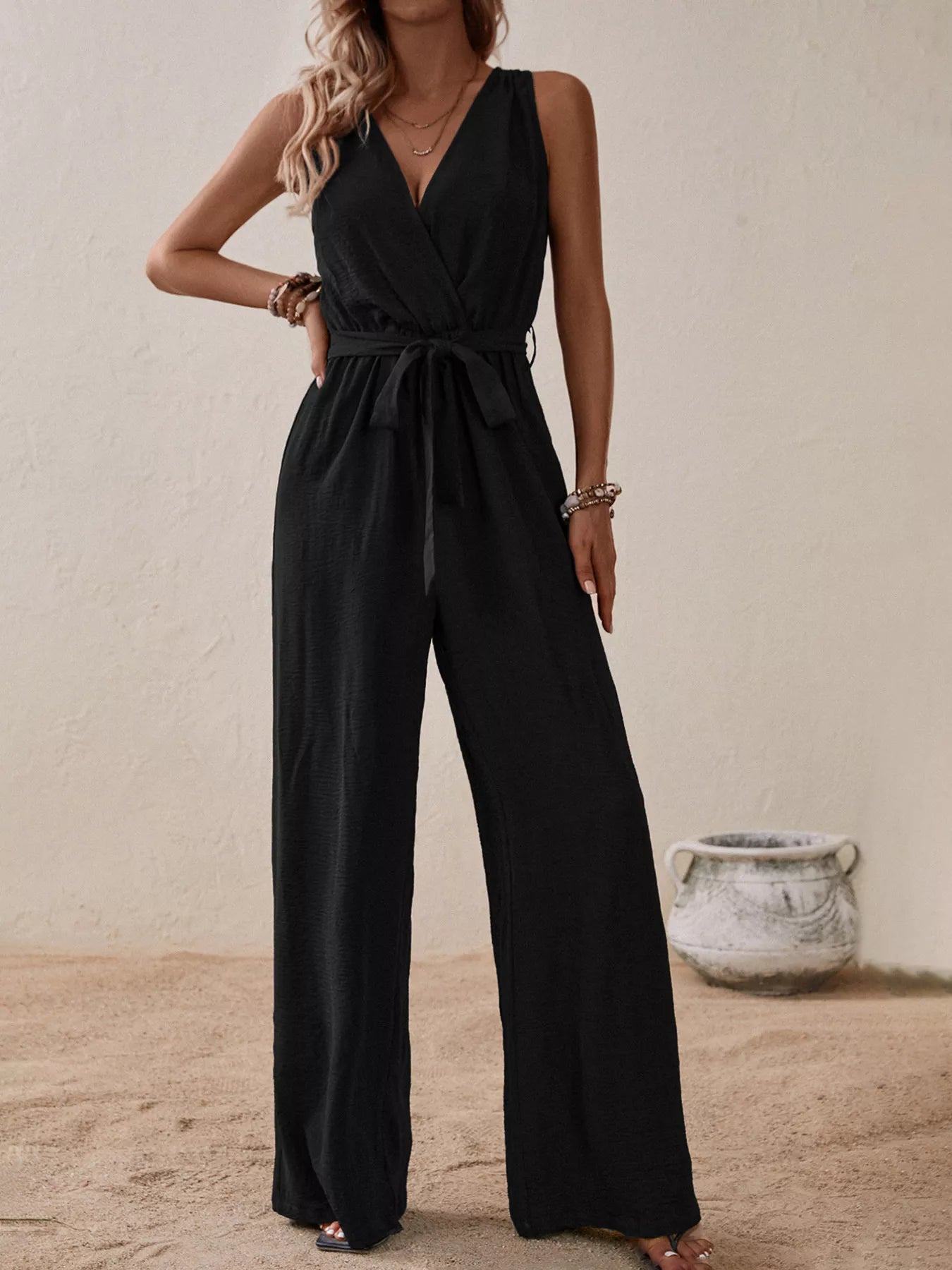 Sleeveless Tie-Waist Wide-Leg Jumpsuit