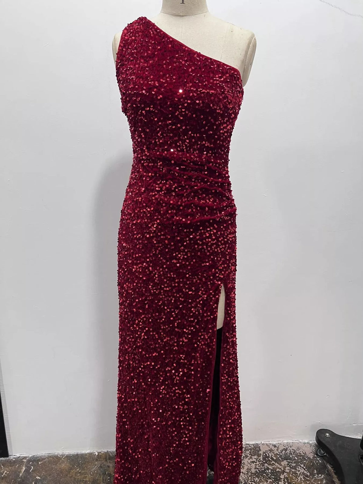 One-Shoulder Sequin High-Slit Evening Dress