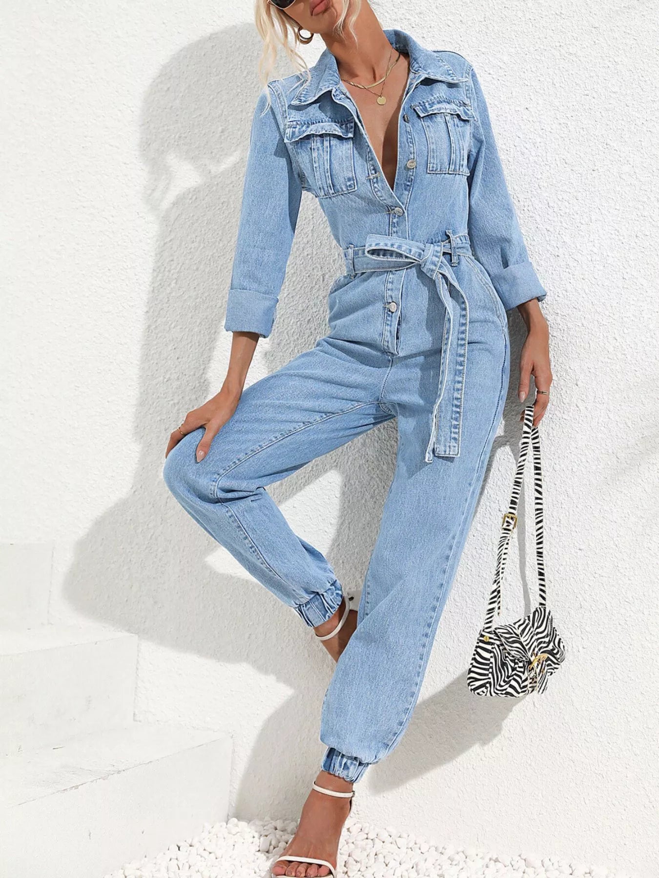 Button Front Belted Denim Jumpsuit in Medium Blue