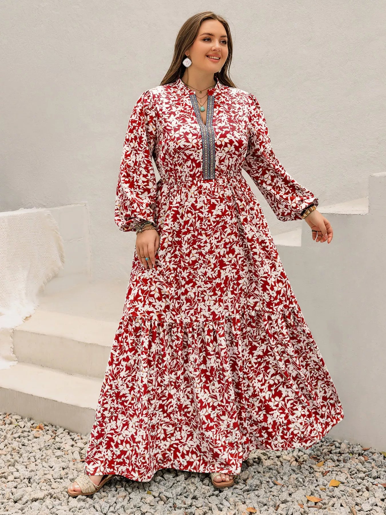 Floral Print Long Sleeve Maxi Dress in Deep Red