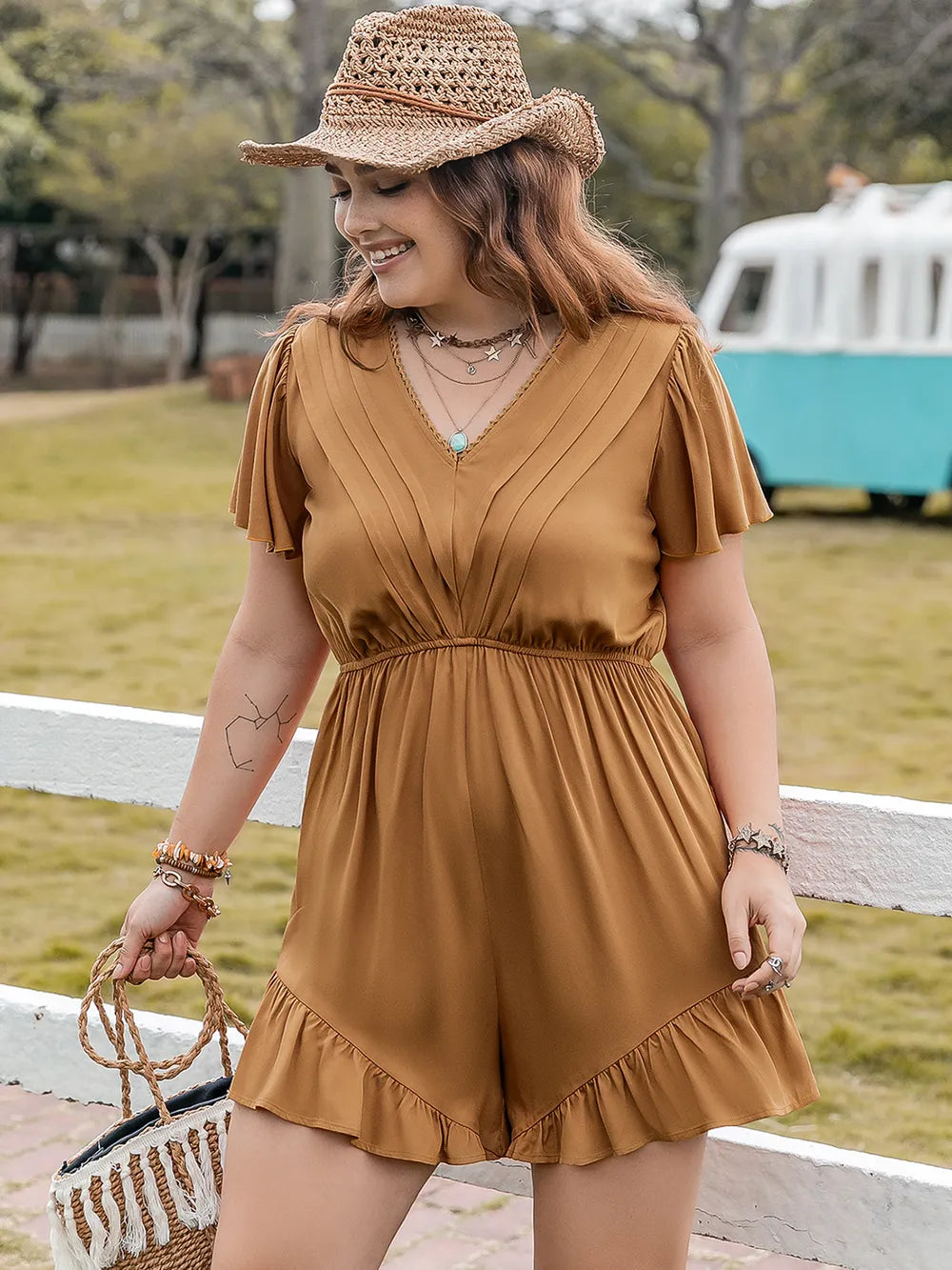 Ruffled V-Neck Romper in Caramel