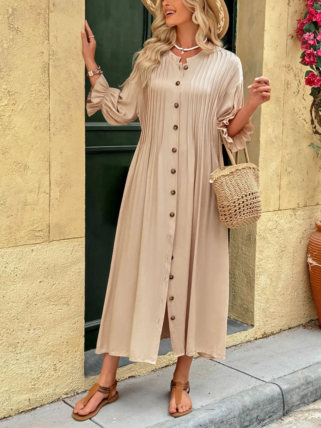 Button Front Flounce Sleeve Dress in Tan