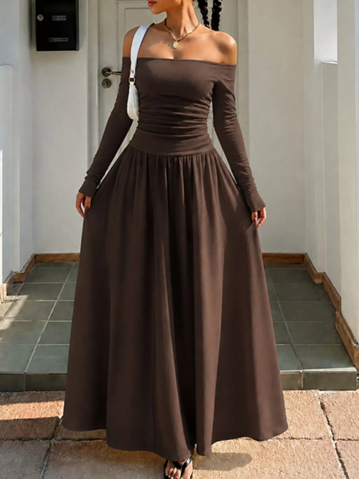 Off-the-Shoulder Ruched Maxi Dress