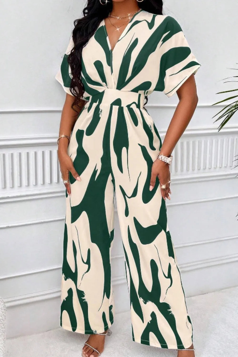 Printed V-Neck Wide Leg Jumpsuit