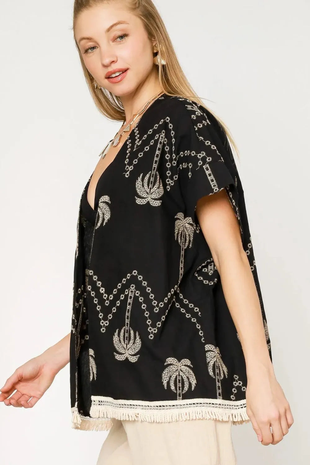 Umgee Open Front Embroidered Fringe Kimono in Black
