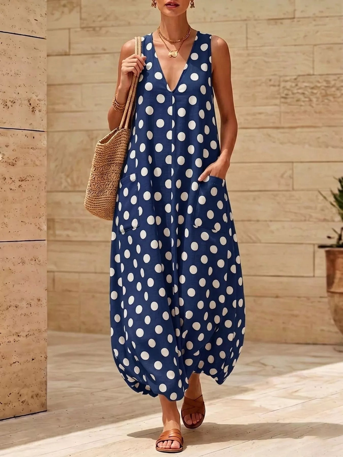 Polka Dot V-Neck Maxi Dress