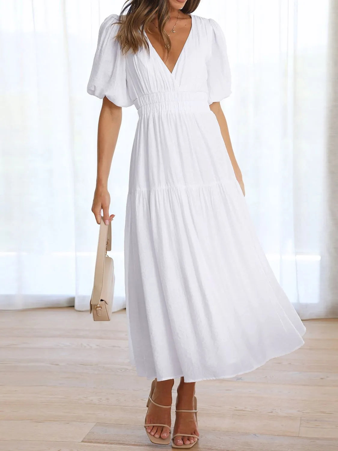 V-Neck Puff Sleeve Ruched Midi Dress
