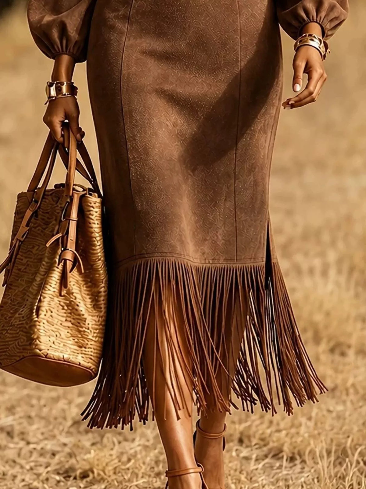 Fringe Hem Balloon Sleeve Midi Dress
