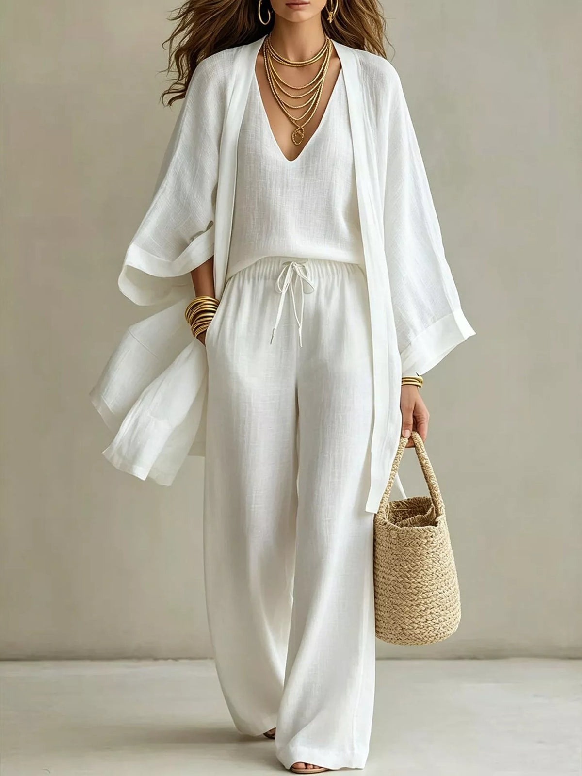 V-Neck Top, Cardigan and Pants Set