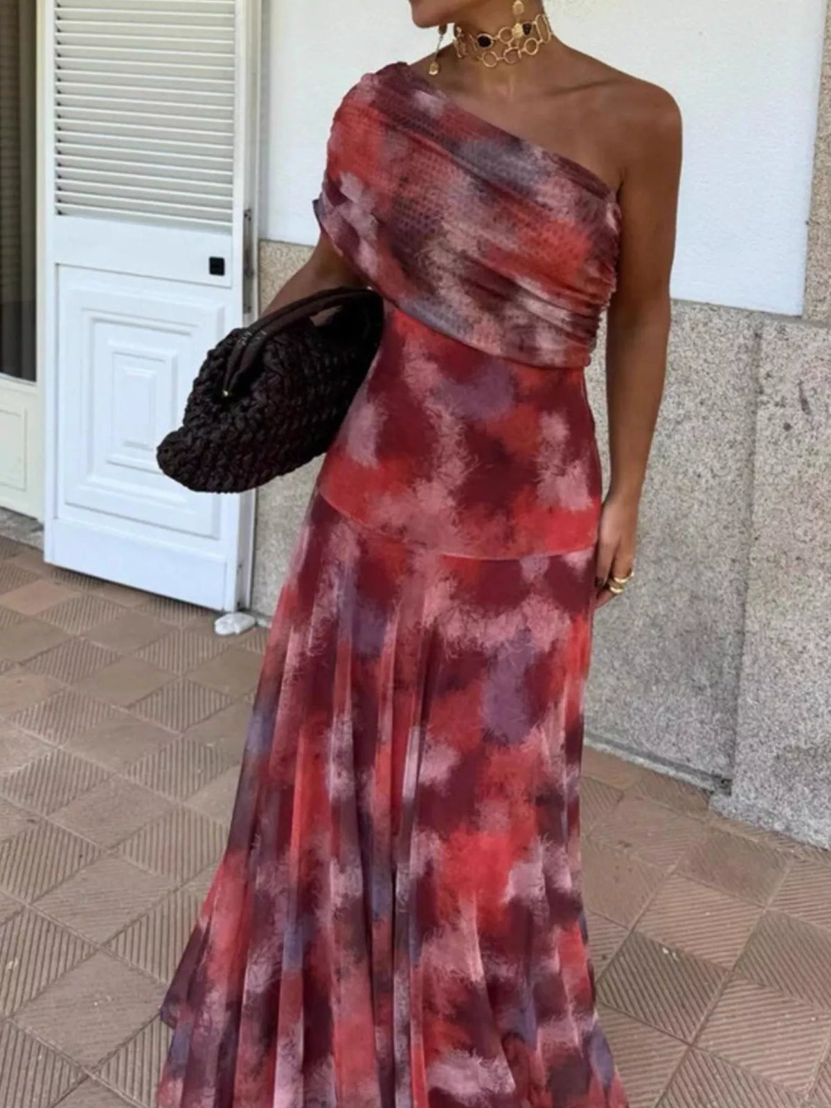 Printed Short-Sleeve Mesh Maxi Dress