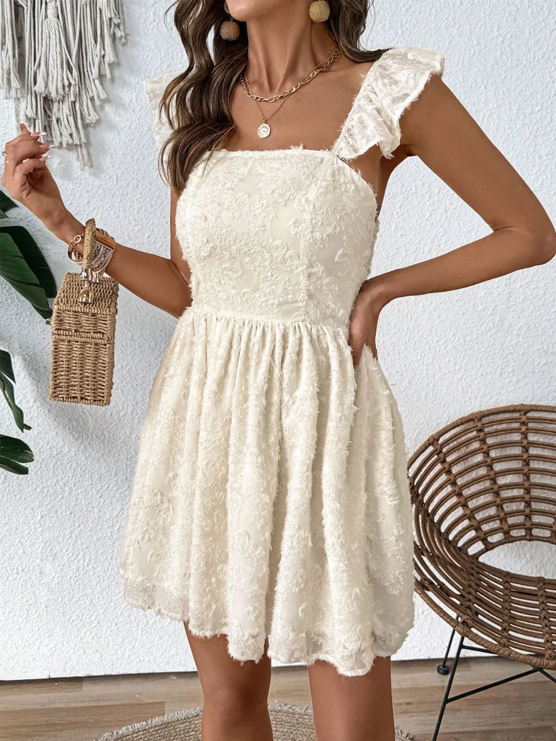 Cutout Cap Sleeve Mini Cami Dress in Cream