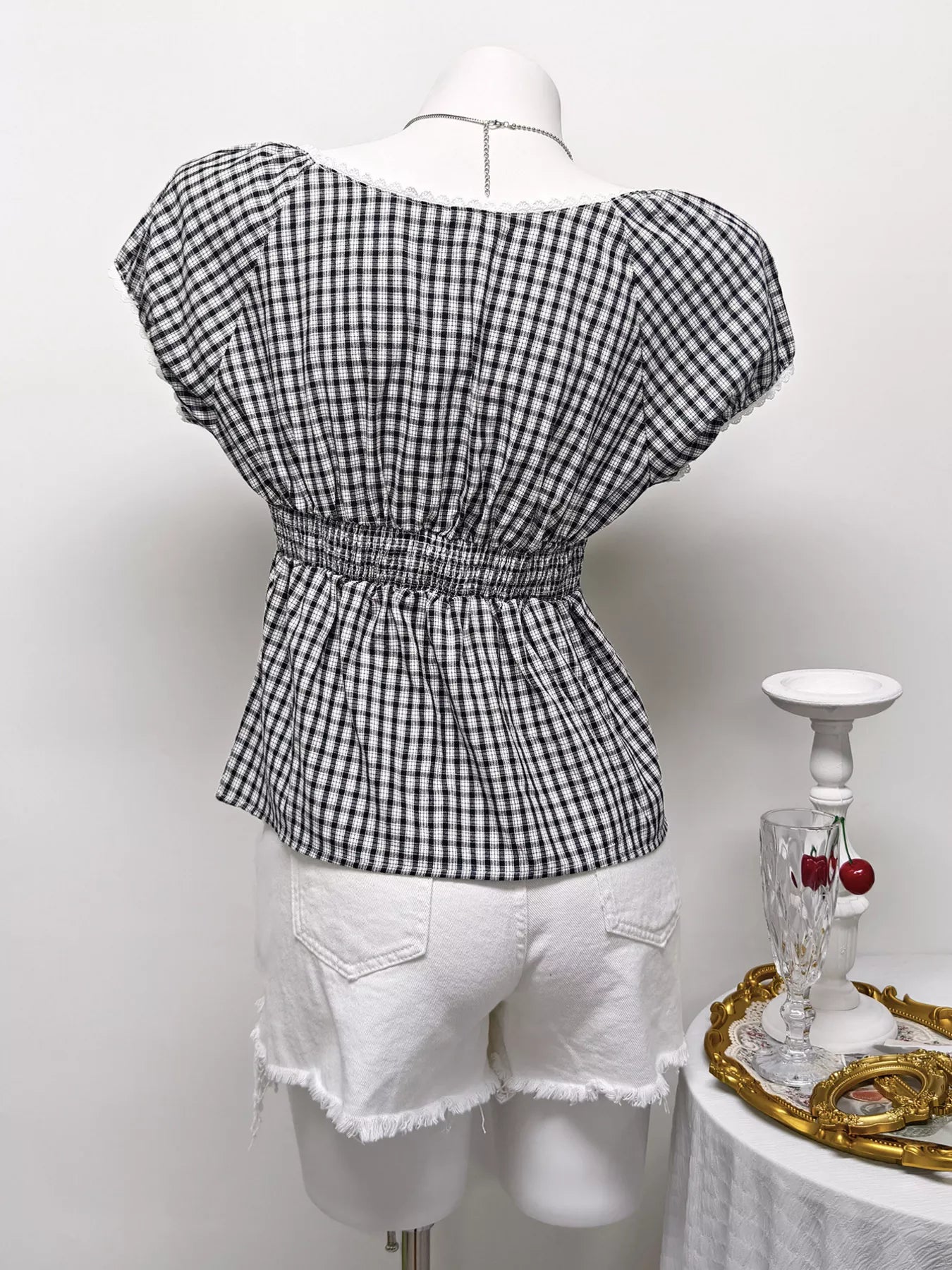 Plaid Short Sleeve Blouse in Black