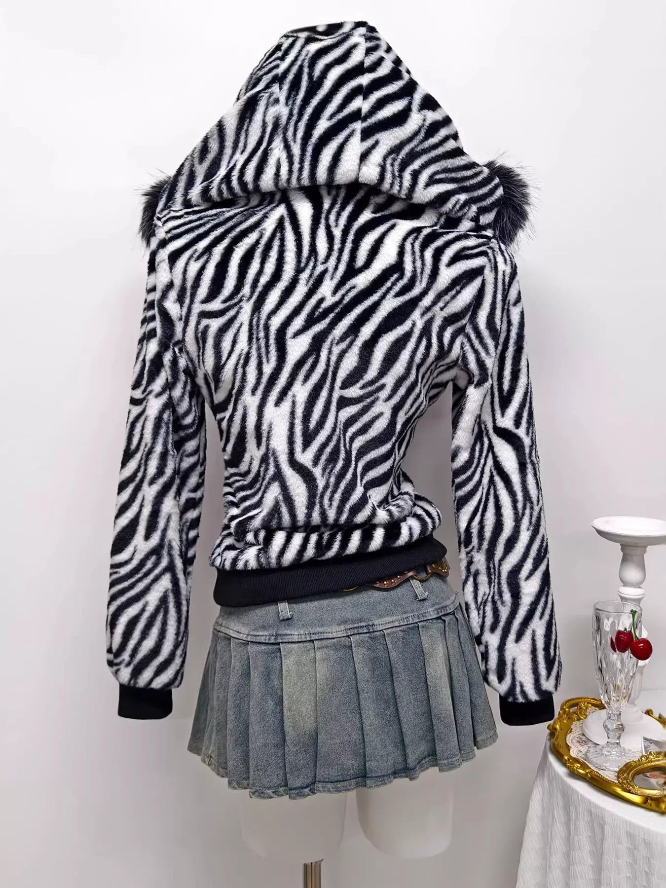 Zebra Faux Fur Hooded Zip-Up Jacket in Black