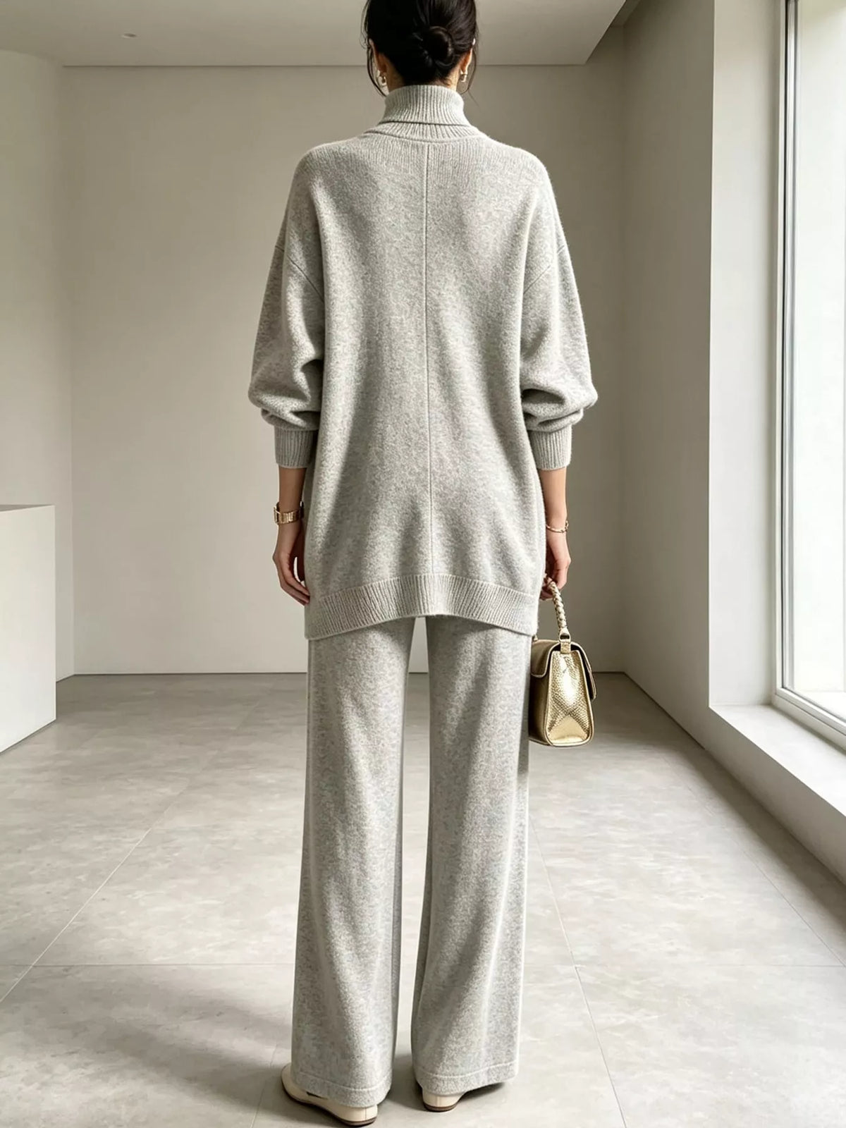 Ribbed Turtleneck Top and Pants Sweater Set