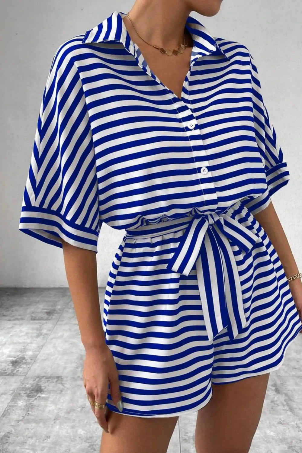 Striped Collared Tie Waist Romper