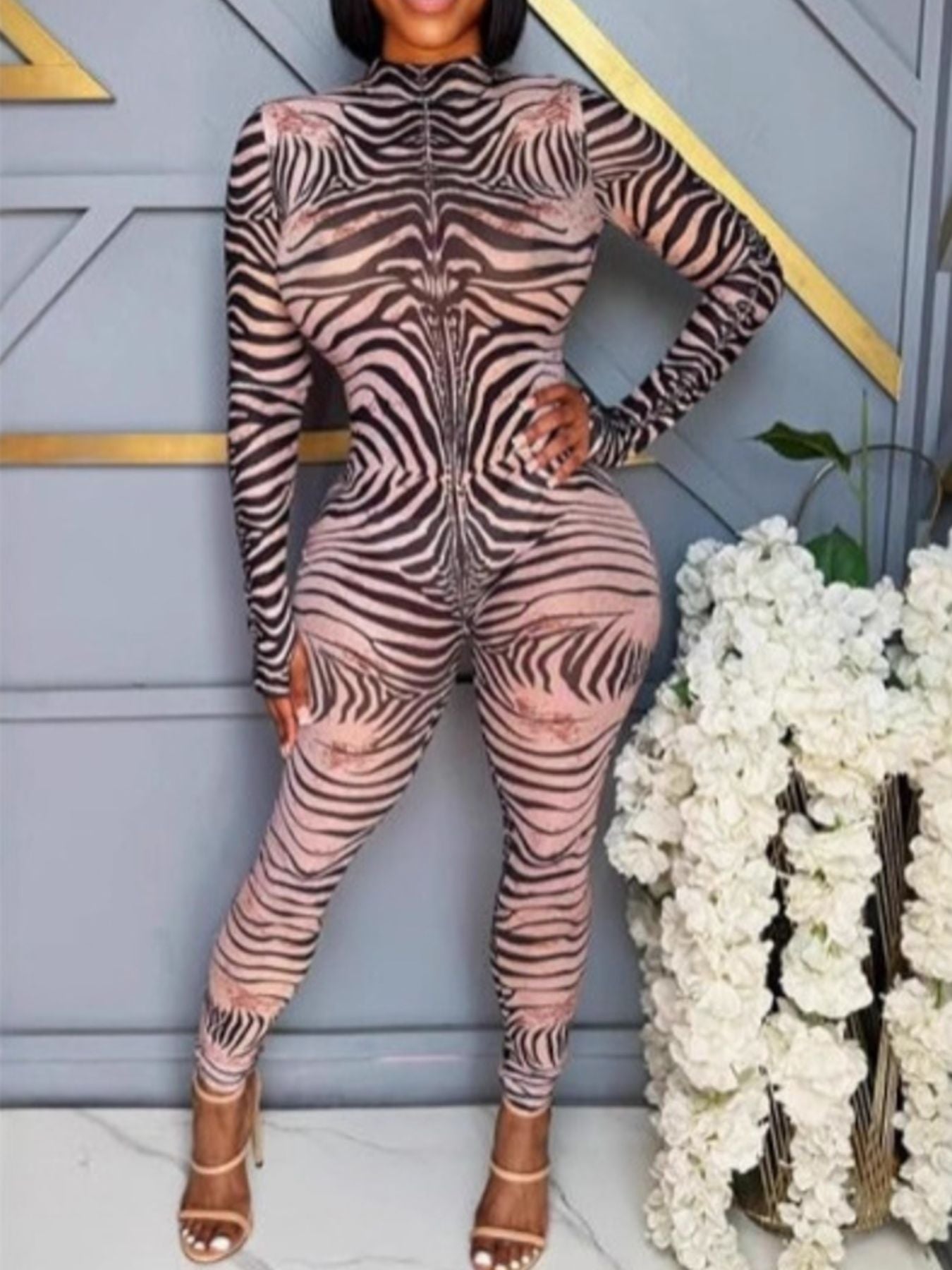 Zebra Print Bodycon Jumpsuit