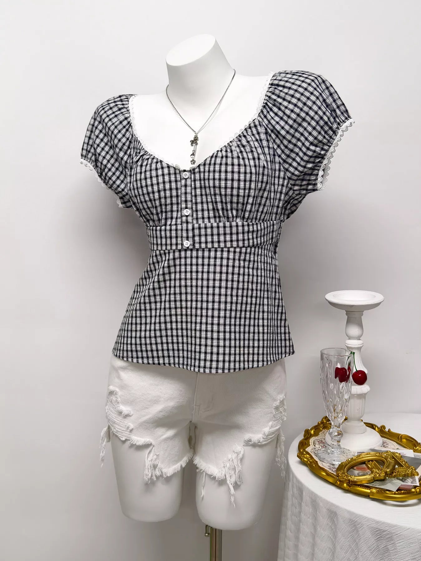 Plaid Short Sleeve Blouse in Black