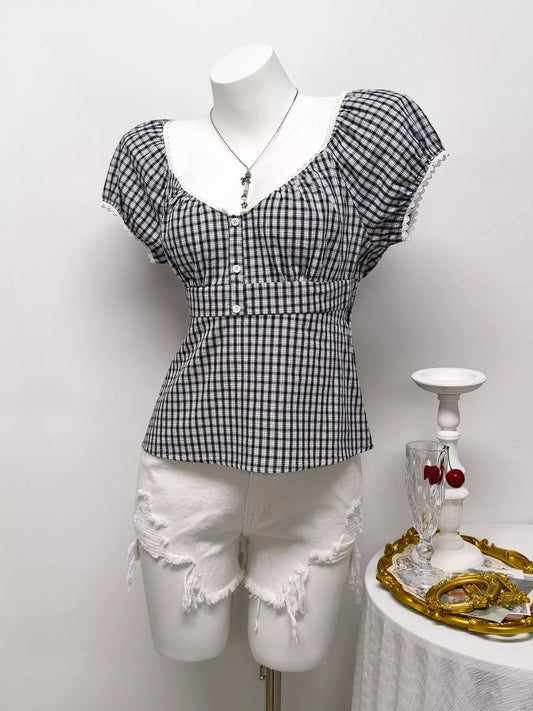 Plaid Short Sleeve Blouse in Black