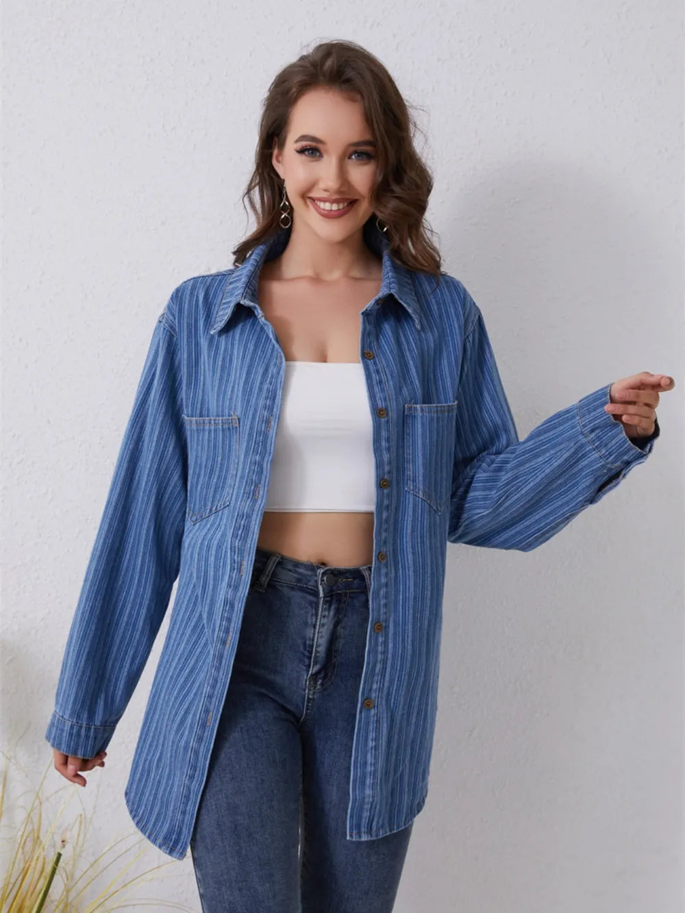 Striped Long Sleeve Denim Shirt in Medium Wash by Y.Y@Denim