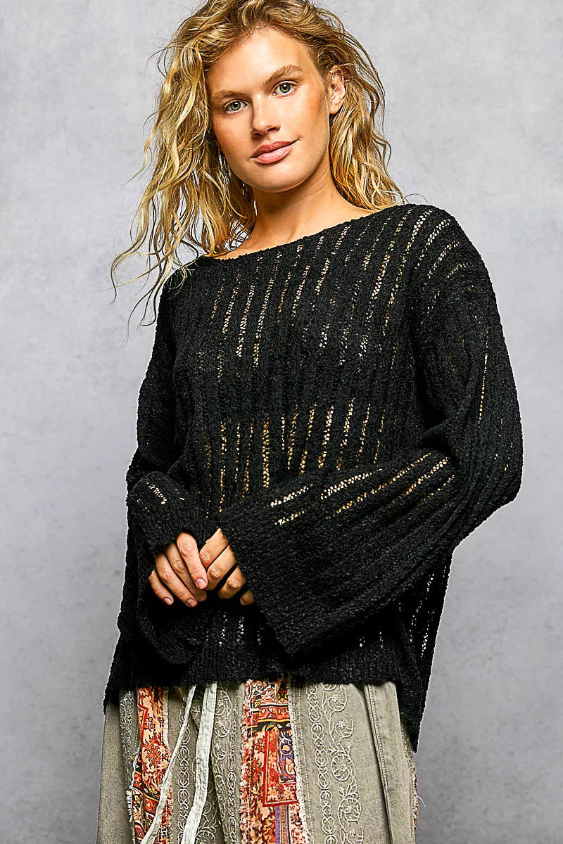 Black Round Neck Open Weave Sweater by POL