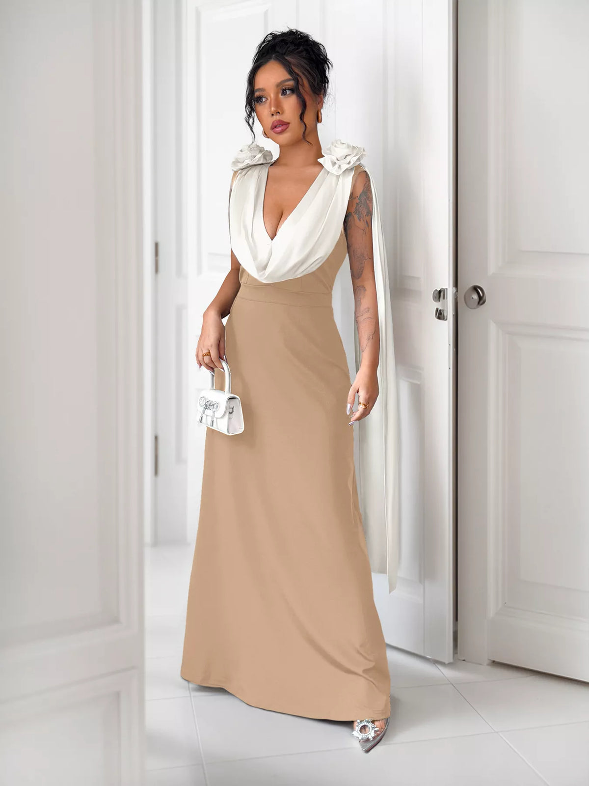 Floral Applique Two-Tone Maxi Dress