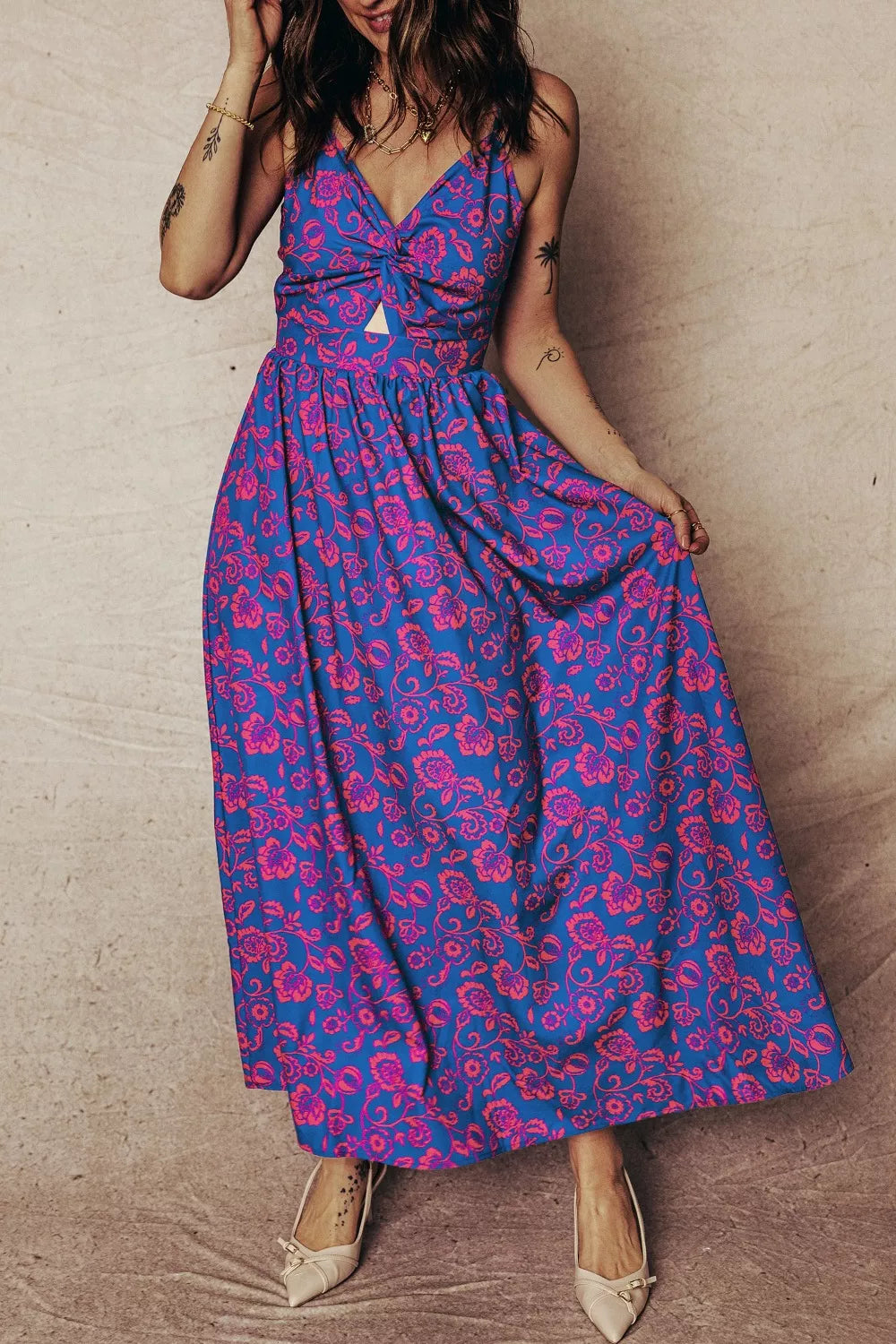 Floral Twisted V-Neck Backless Maxi Dress in Purple