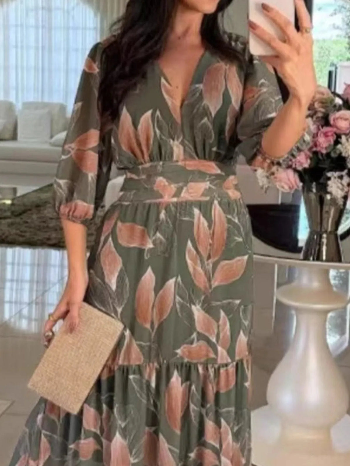 Printed V-Neck Tiered Hem Maxi Dress