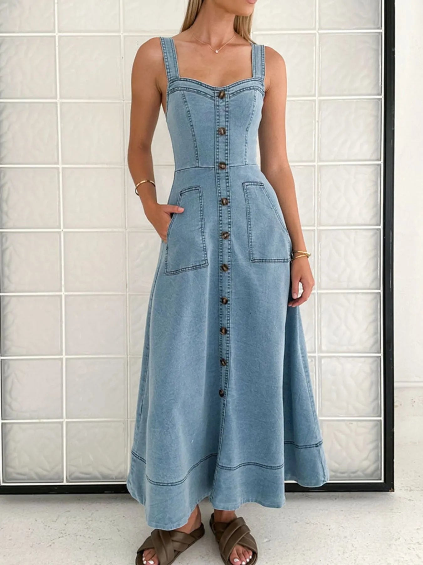 Wide Strap Sweetheart Neck Denim Dress in Light Blue