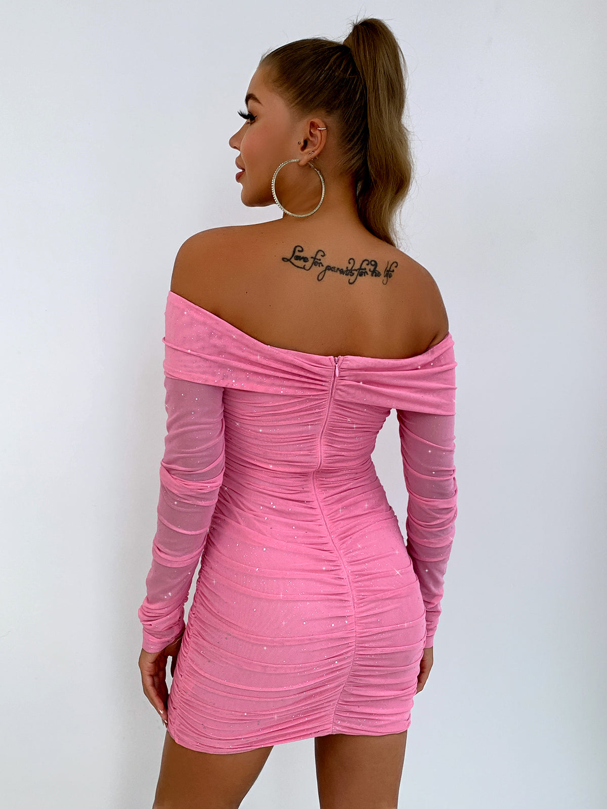 Glitter Ruched Off-Shoulder Bodycon Dress