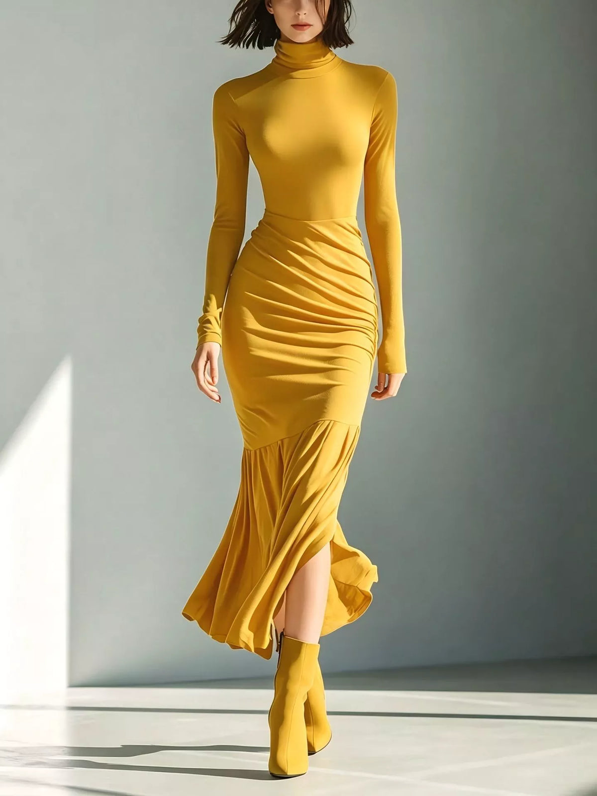 Slit Turtleneck Ruched Bodycon Mermaid Dress, Full Size