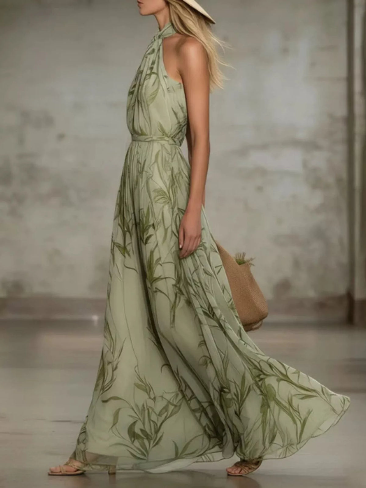 Leaf Print Sleeveless Chiffon Maxi Dress in Matcha in Matcha Color