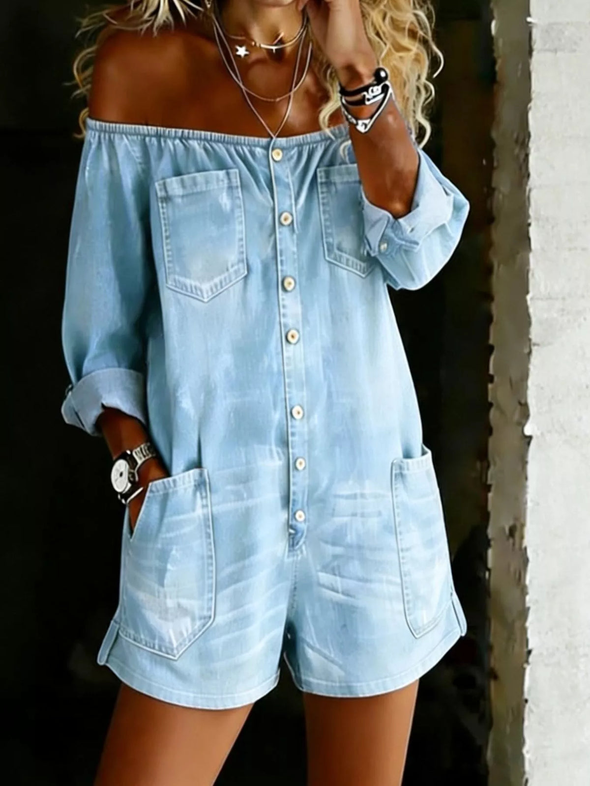 Off-Shoulder Button-Front Romper in Light Blue