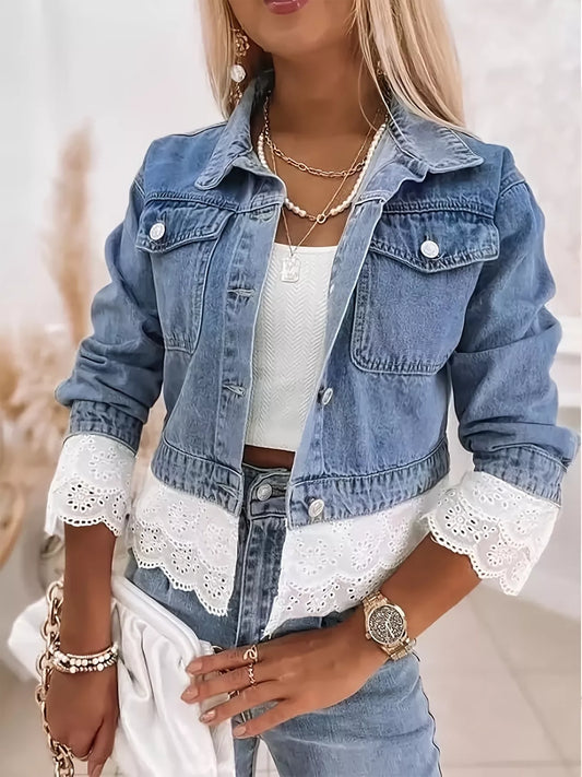 Cropped Denim Jacket with Lace Trim in Blue by Lone Star Lady