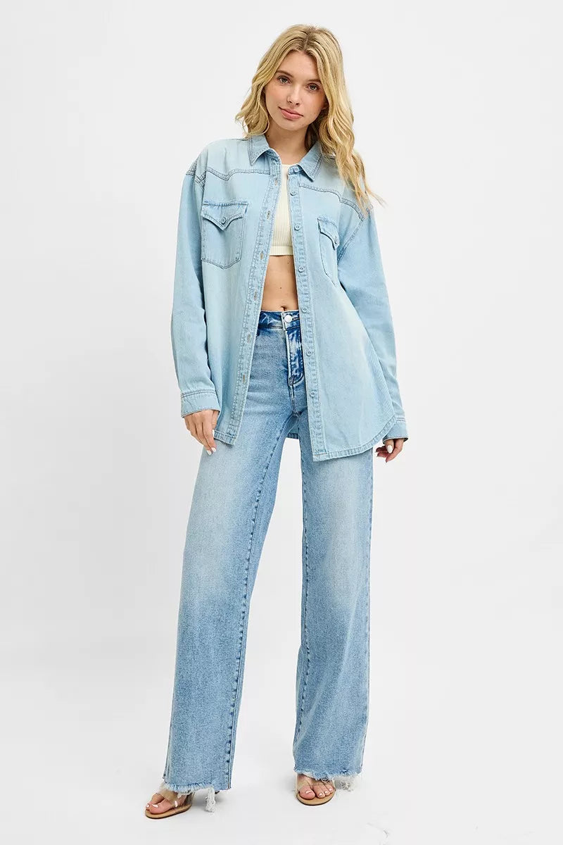 Risen Western Yoke Relaxed Fit Denim Shirt in Light