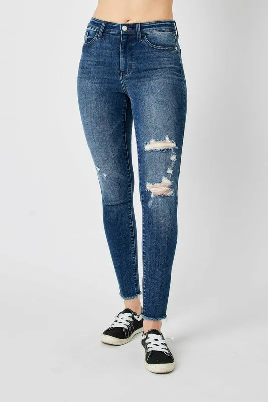 Judy Blue High Waist Distressed Skinny Jeans in Dark Wash