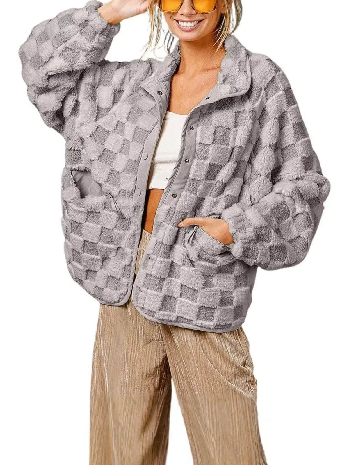 Oversized Checkerboard Faux Fur Teddy Jacket