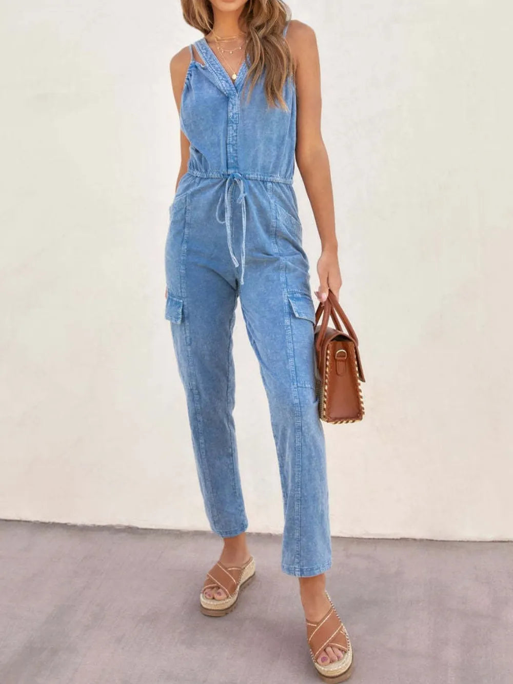 V-Neck Denim Jumpsuit in Medium Wash by Y.Y@Denim