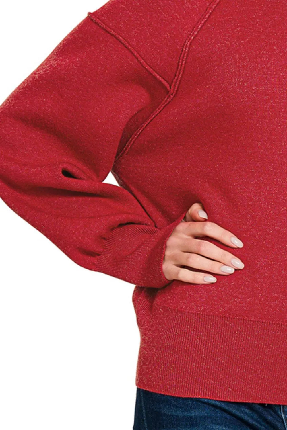 Zenana Mock Neck Exposed Seam Sweater in Heather Red in H red