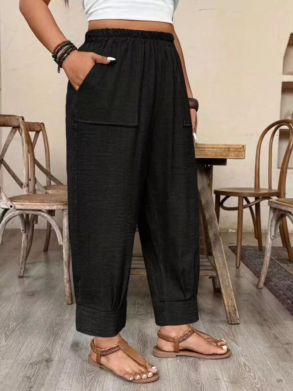 Plus Size Elastic Waist Pants with Pockets