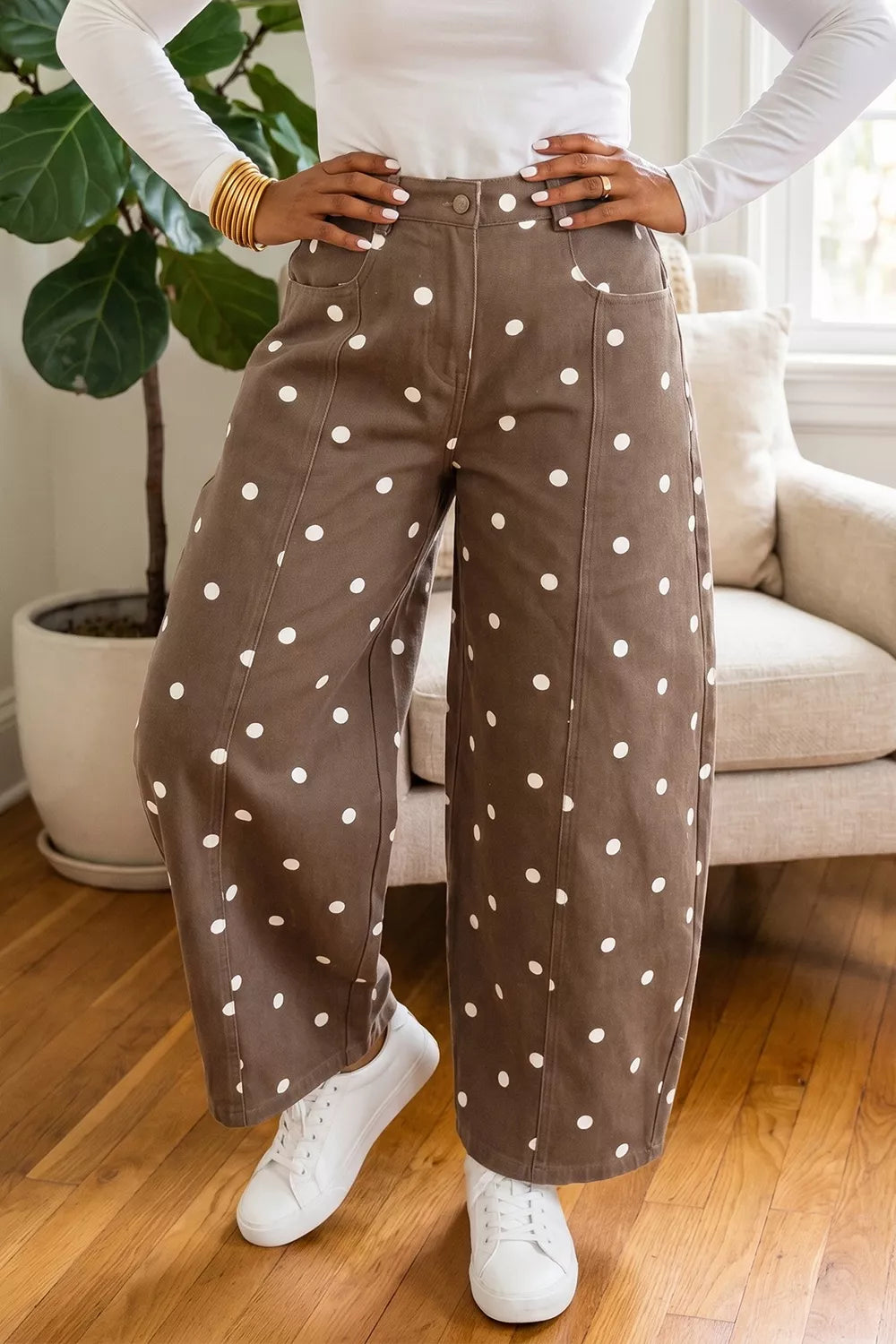 Polka Dot Print Barrel Jeans in Dark Brown
